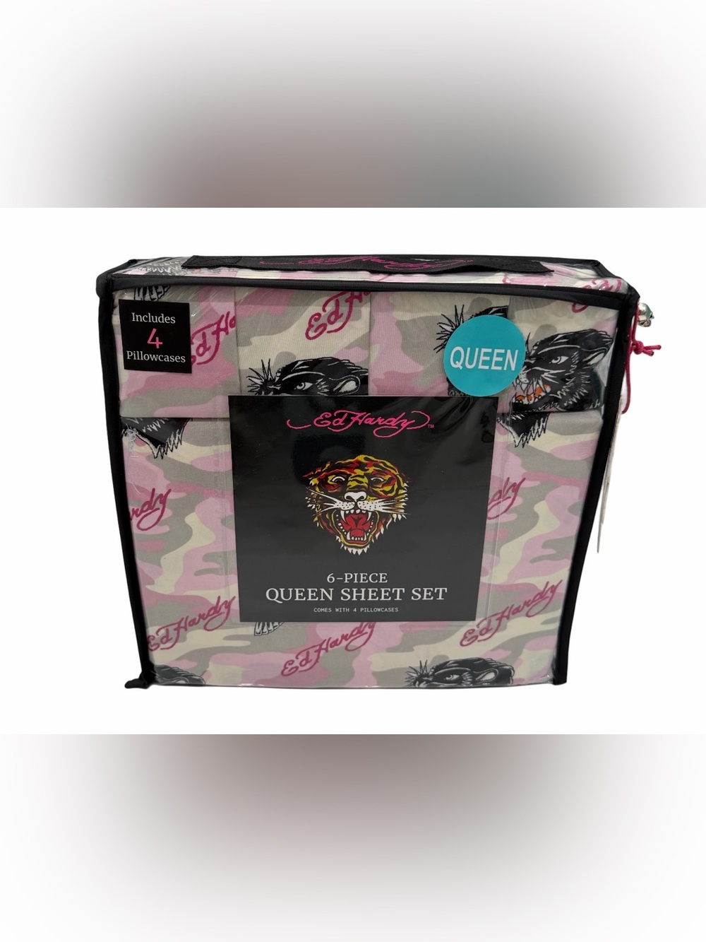 Ed Hardy Black Panther Green Pink 6 Piece Queen Sheet Set NWT